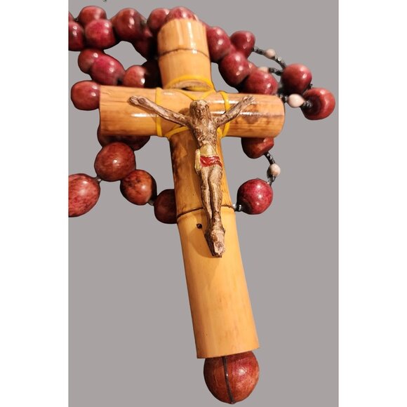 HUGE Handcrafted Wooden Rosary Necklace With Crucifix Red Beads & Yellow String - Picture 8 of 13